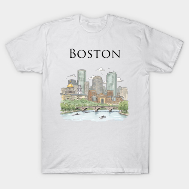 Boston Skyline Rowers on the Charles T-Shirt by Designed By Marty