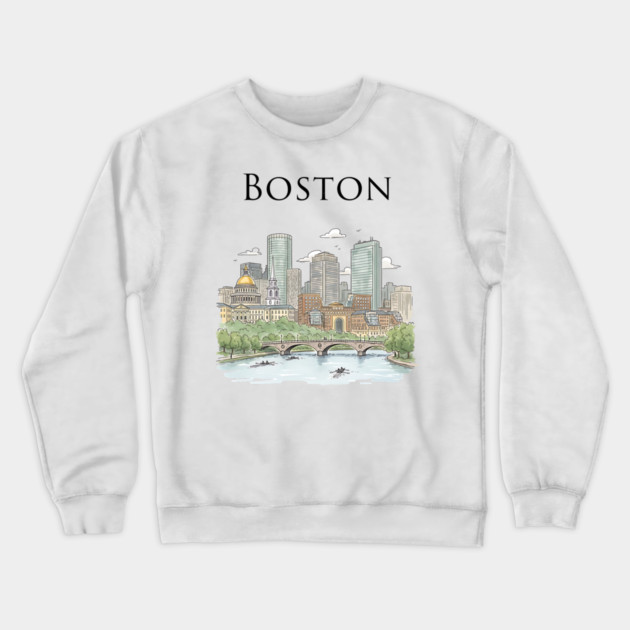 Boston Skyline Rowers on the Charles Crewneck Sweatshirt by Designed By Marty