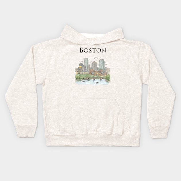 Boston Skyline Rowers on the Charles Kids Hoodie by Designed By Marty