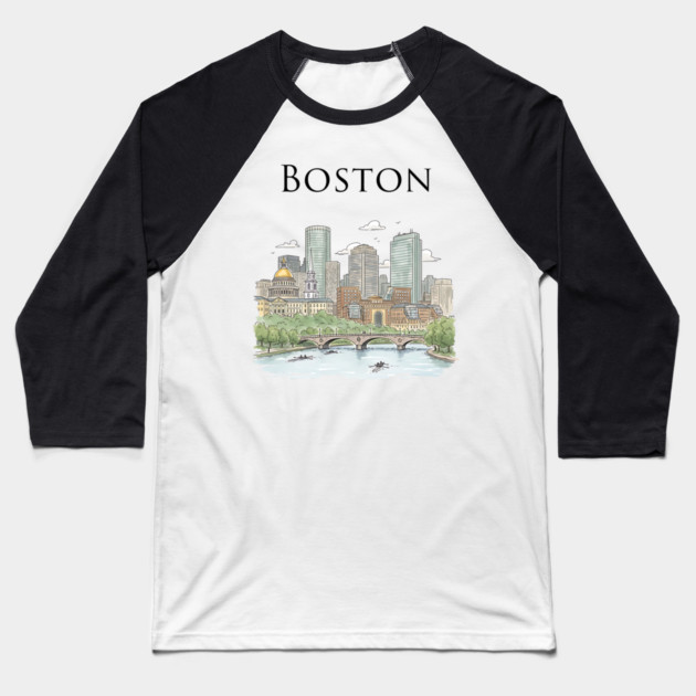 Boston Skyline Rowers on the Charles Baseball T-Shirt by Designed By Marty