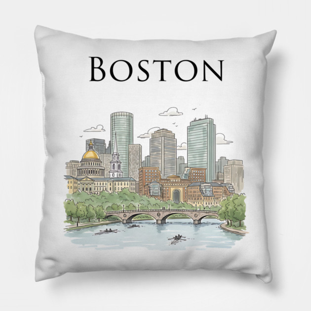 Boston Skyline Rowers on the Charles Pillow by Designed By Marty