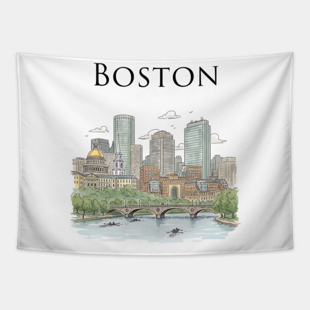 Boston Skyline Rowers on the Charles Tapestry by Designed By Marty