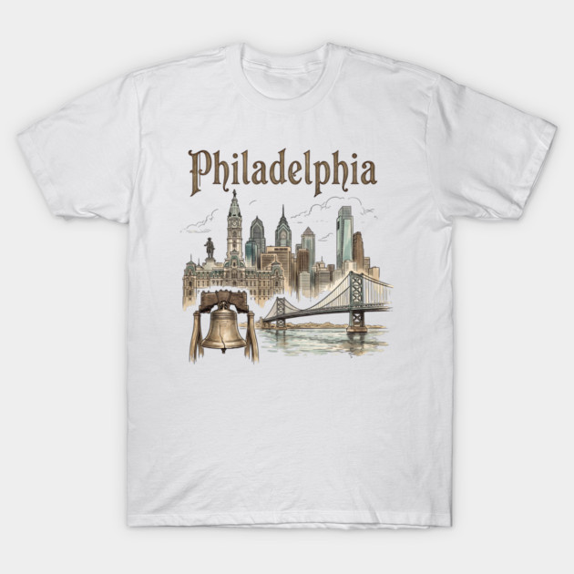 Philadelphia Liberty Bell and Bridge Skyline T-Shirt by Designed By Marty