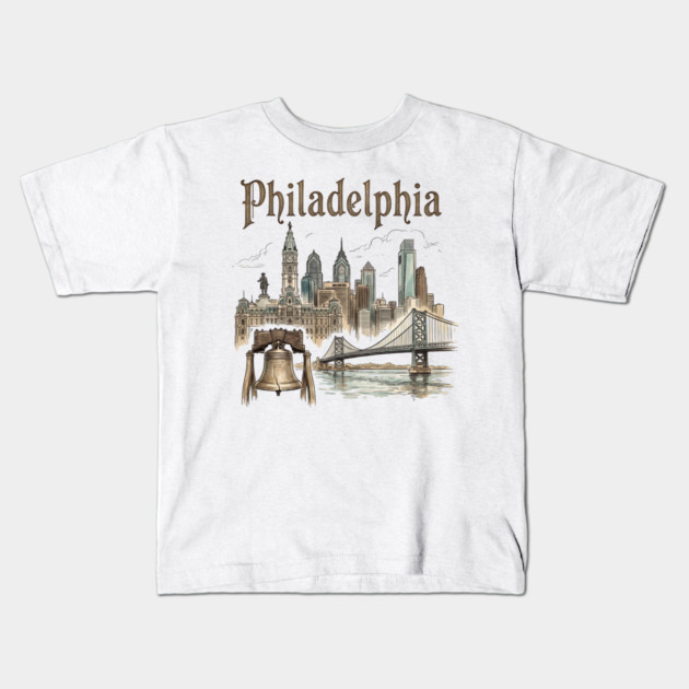 Philadelphia Liberty Bell and Bridge Skyline Kids T-Shirt by Designed By Marty