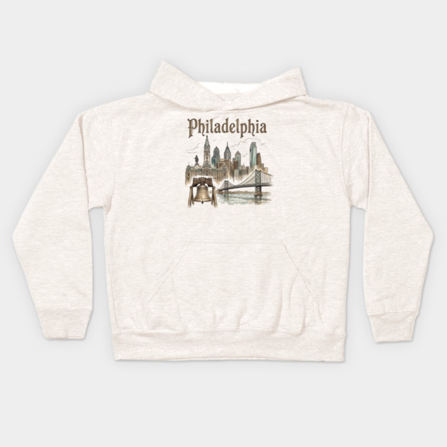 Philadelphia Liberty Bell and Bridge Skyline Kids Hoodie by Designed By Marty