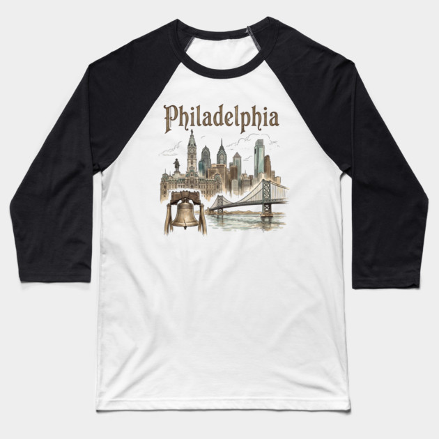 Philadelphia Liberty Bell and Bridge Skyline Baseball T-Shirt by Designed By Marty