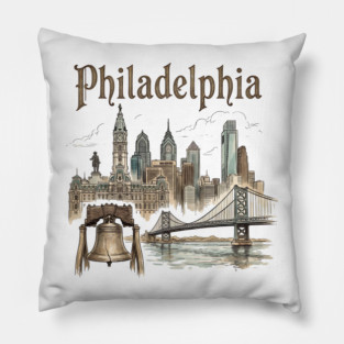 Philadelphia Liberty Bell and Bridge Skyline Pillow