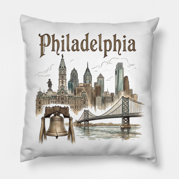 Philadelphia Liberty Bell and Bridge Skyline Pillow by Designed By Marty