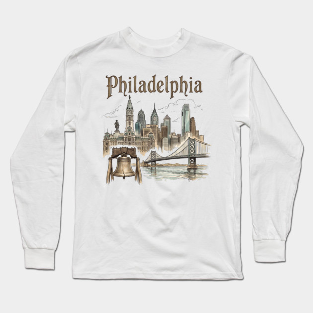 Philadelphia Liberty Bell and Bridge Skyline Long Sleeve T-Shirt by Designed By Marty