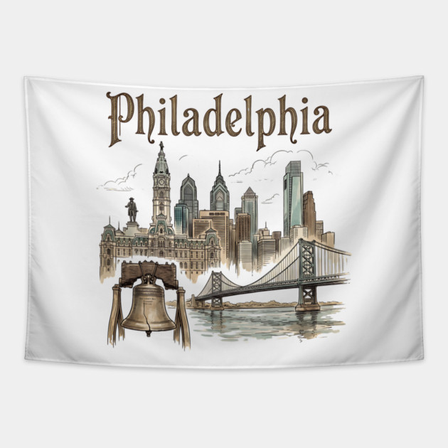 Philadelphia Liberty Bell and Bridge Skyline Tapestry by Designed By Marty