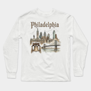 Philadelphia Liberty Bell and Bridge Skyline Long Sleeve T-Shirt