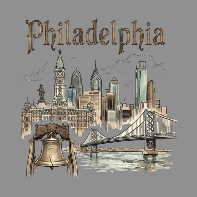 Philadelphia Liberty Bell and Bridge Skyline by Designed By Marty
