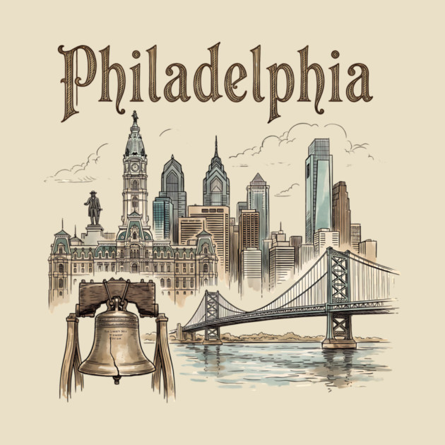Philadelphia Liberty Bell and Bridge Skyline by Designed By Marty