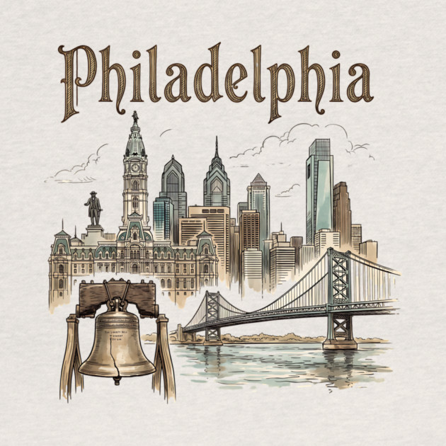 Philadelphia Liberty Bell and Bridge Skyline by Designed By Marty
