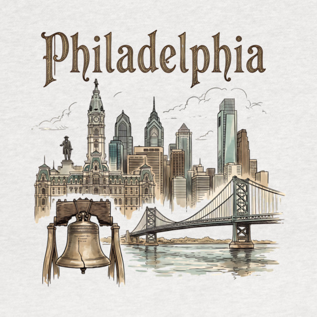 Philadelphia Liberty Bell and Bridge Skyline by Designed By Marty