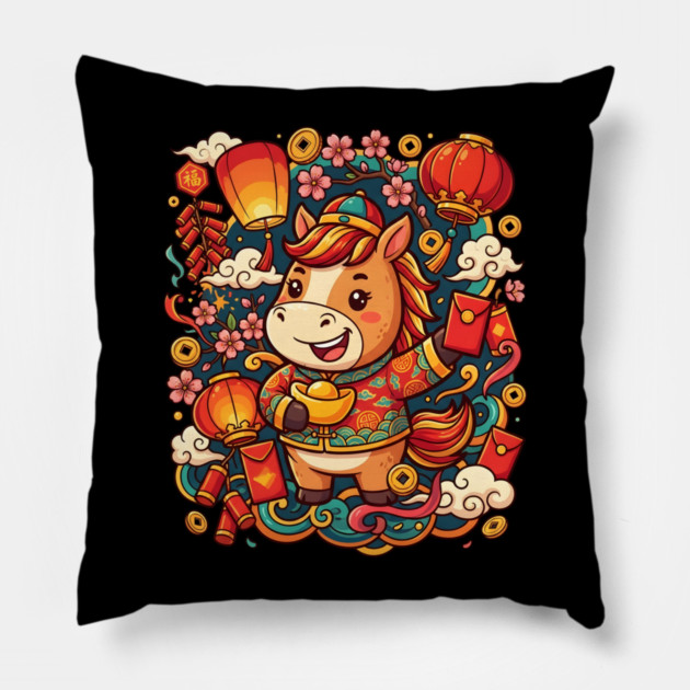Chinese New Year 2026 Year of The Horse Pillow by Creatifly Graphic Tees