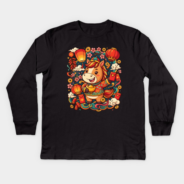 Chinese New Year 2026 Year of The Horse Kids Long Sleeve T-Shirt by Creatifly Graphic Tees