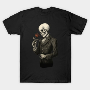 Victorian Skeleton Gentleman with Rose – Gothic Romantic Skull Art T-Shirt