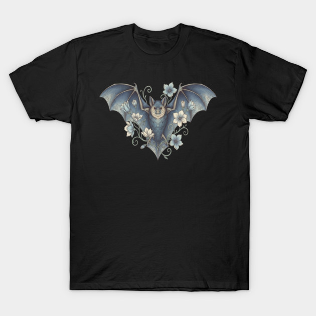 Bat With Night Blooms Vintage Moonlit Art T-Shirt by BirdsnStuff