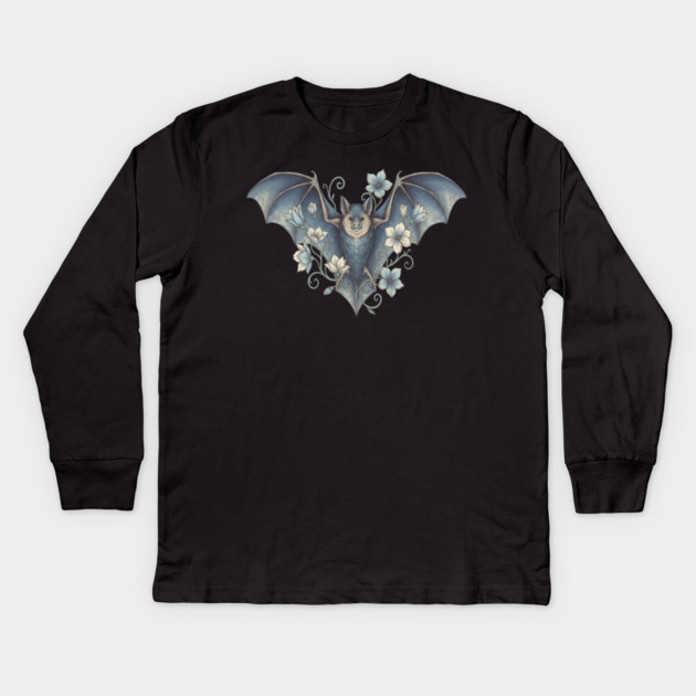 Bat With Night Blooms Vintage Moonlit Art Kids Long Sleeve T-Shirt by BirdsnStuff