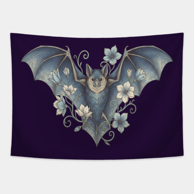Bat With Night Blooms Vintage Moonlit Art Tapestry by BirdsnStuff