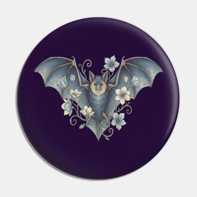 Bat With Night Blooms Vintage Moonlit Art Pin by BirdsnStuff
