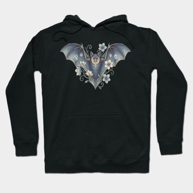 Bat With Night Blooms Vintage Moonlit Art Hoodie by BirdsnStuff