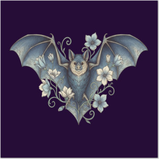 Bat With Night Blooms Vintage Moonlit Art Posters and Art