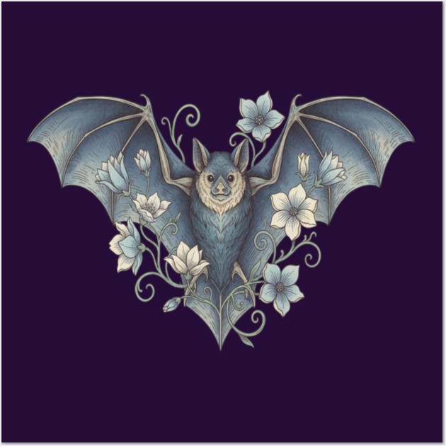 Bat With Night Blooms Vintage Moonlit Art Wall Art by BirdsnStuff
