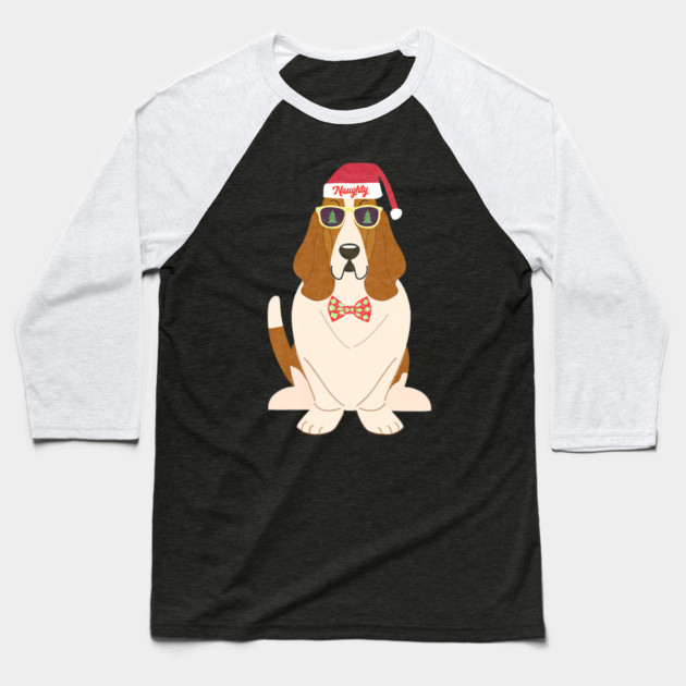 Funny Christmas Naughty Basset Hound Baseball T-Shirt by yangho