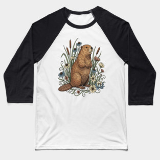 Beaver With Wildflowers And Cattails Vintage Art Baseball T-Shirt