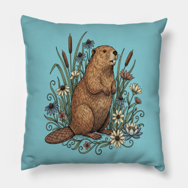 Beaver With Wildflowers And Cattails Vintage Art Pillow by BirdsnStuff