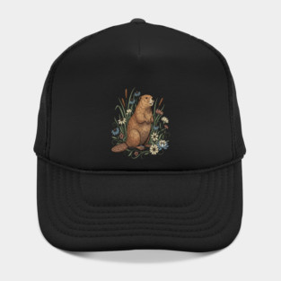 Beaver With Wildflowers And Cattails Vintage Art Hat