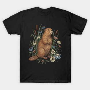 Beaver With Wildflowers And Cattails Vintage Art T-Shirt
