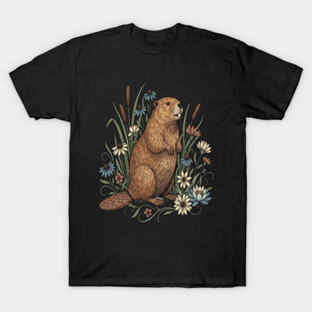 Beaver With Wildflowers And Cattails Vintage Art T-Shirt by BirdsnStuff