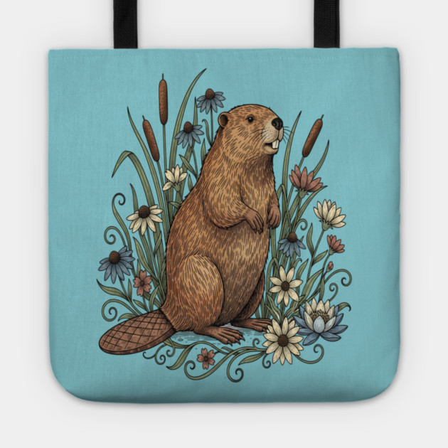 Beaver With Wildflowers And Cattails Vintage Art Tote by BirdsnStuff