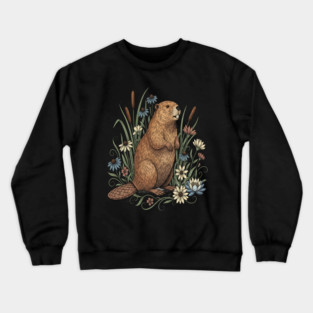 Beaver With Wildflowers And Cattails Vintage Art Crewneck Sweatshirt