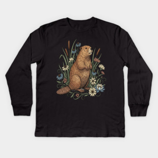 Beaver With Wildflowers And Cattails Vintage Art Kids Long Sleeve T-Shirt