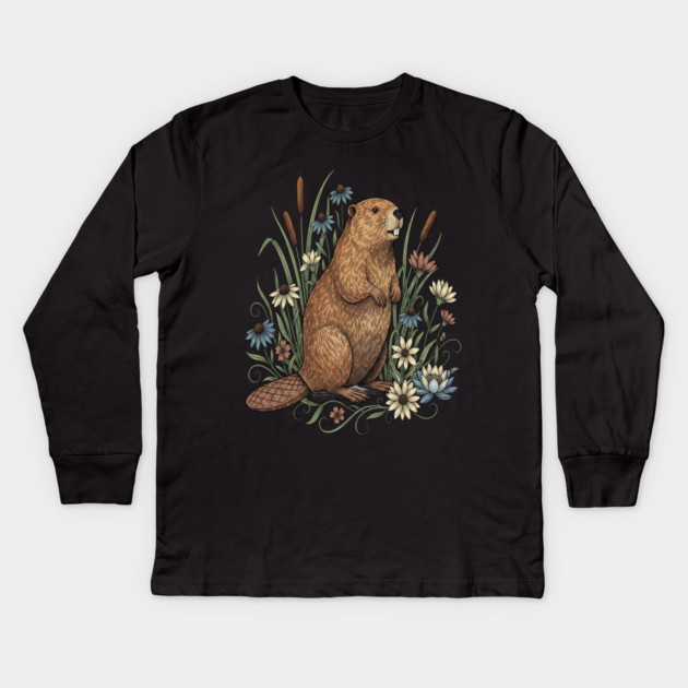 Beaver With Wildflowers And Cattails Vintage Art Kids Long Sleeve T-Shirt by BirdsnStuff