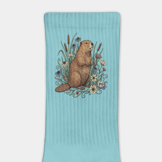 Beaver With Wildflowers And Cattails Vintage Art by BirdsnStuff