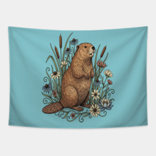 Beaver With Wildflowers And Cattails Vintage Art Tapestry