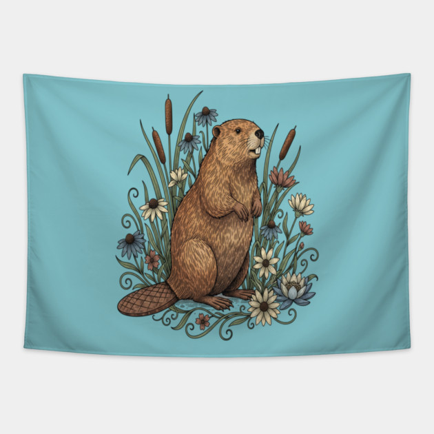 Beaver With Wildflowers And Cattails Vintage Art Tapestry by BirdsnStuff