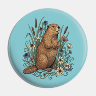 Beaver With Wildflowers And Cattails Vintage Art Pin
