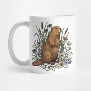 Beaver With Wildflowers And Cattails Vintage Art Mug