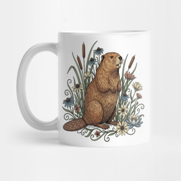 Beaver With Wildflowers And Cattails Vintage Art by BirdsnStuff