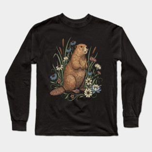 Beaver With Wildflowers And Cattails Vintage Art Long Sleeve T-Shirt