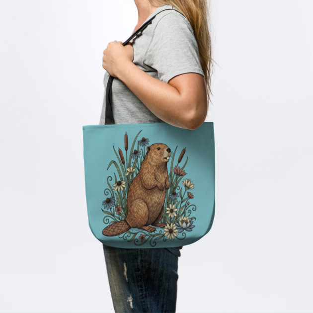 Beaver With Wildflowers And Cattails Vintage Art by BirdsnStuff