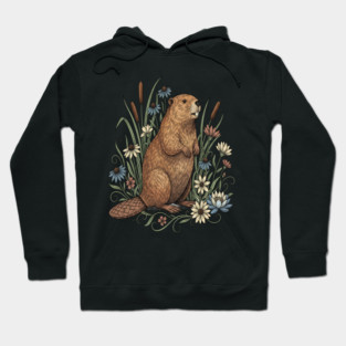 Beaver With Wildflowers And Cattails Vintage Art Hoodie