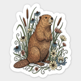 Beaver With Wildflowers And Cattails Vintage Art Sticker