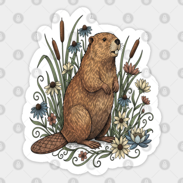 Beaver With Wildflowers And Cattails Vintage Art Sticker by BirdsnStuff